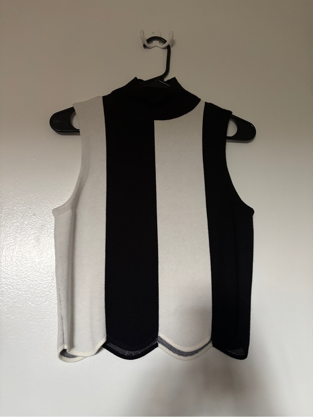 Maeve Black and White Vertical Stripe Sleeveless Mock Neck Tank